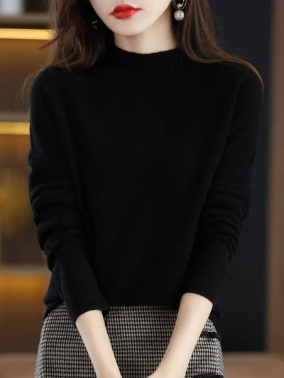 AOSSVIAO 2025 Autumn Winter Solid Mock-Neck Pullover Sweater – Soft Knit Casual Women’s Top