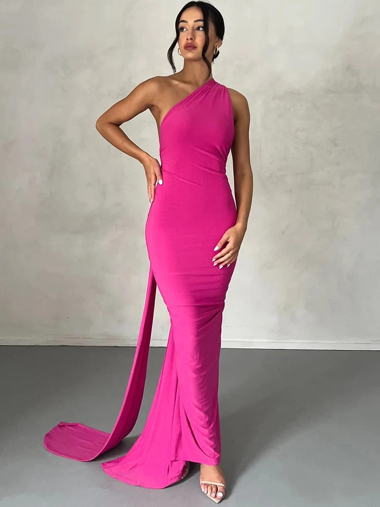 Hugcitar One Shoulder Backless Ruched Maxi Dress – Adjustable Scarf Loop Elegant Y2K Streetwear 2025